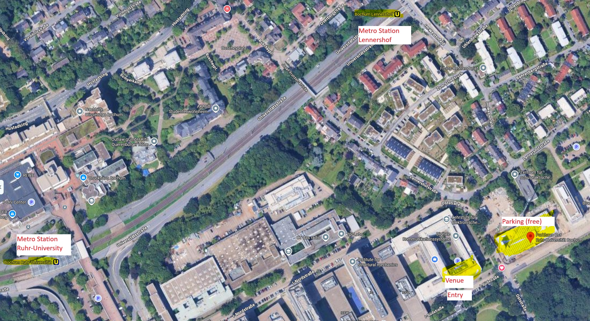 Annotated campus map showing Lennershof U35 station, Building ID, the south entrance and free parking at Parkhaus Ost.